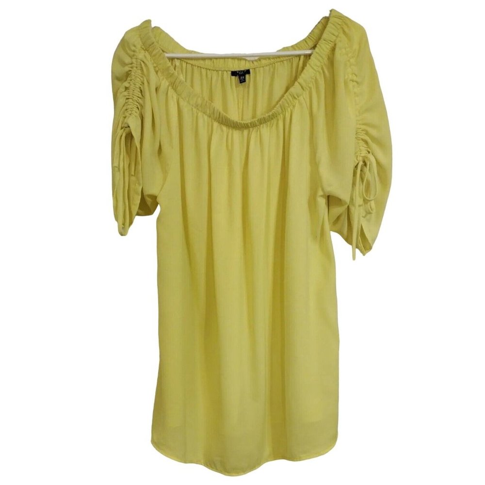 New Glory Top 2X Gathered Tie Sleeves Yellow
